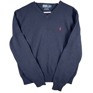 Polo Ralph Lauren Sweater Mens XL Navy Blue 100% Lambswool V-Neck Pullover